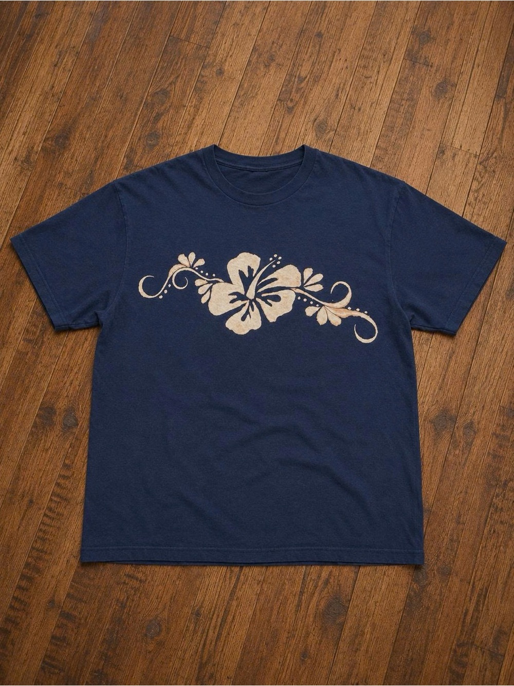 Gildan Navy T-Shirt with Cream Floral Graphic